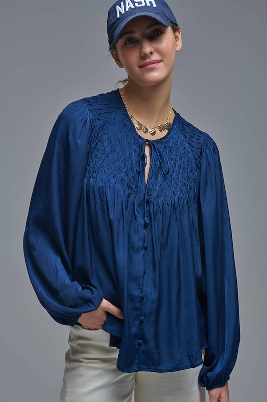 Chic Blue Satin Shirt with Lace - Tops