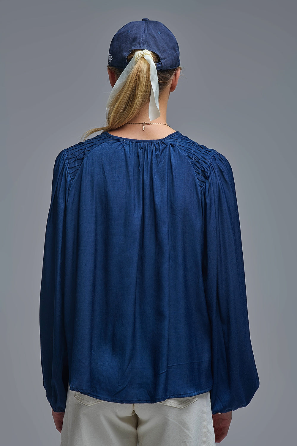 Chic Blue Satin Shirt with Lace - Tops
