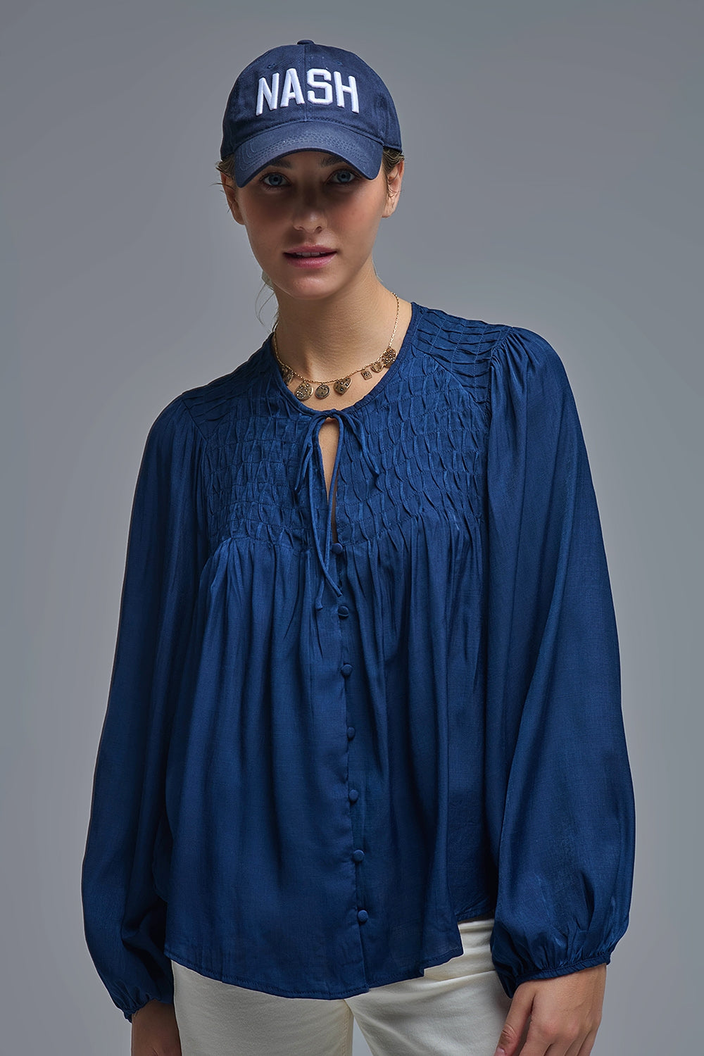 Chic Blue Satin Shirt with Lace - Tops