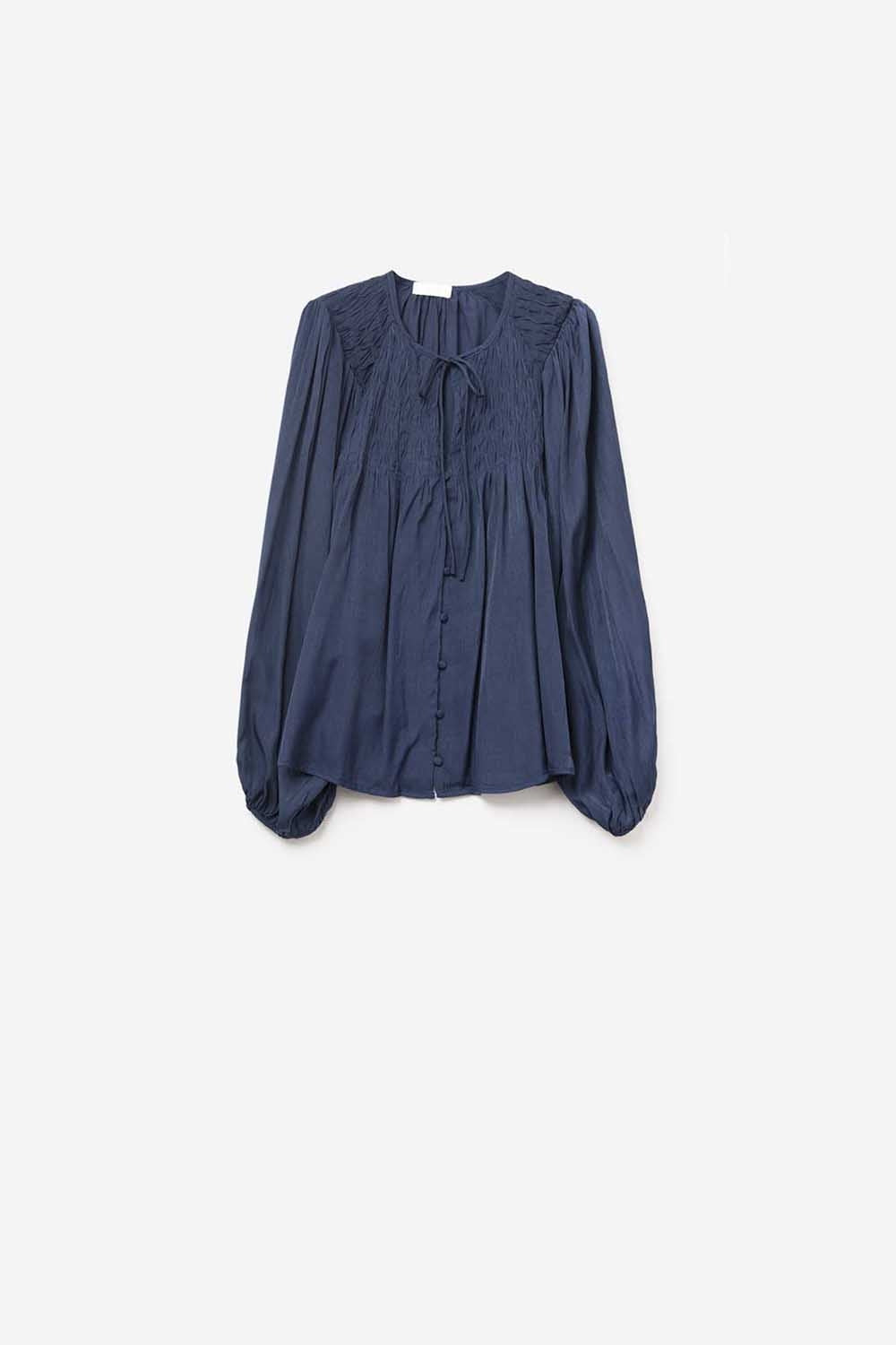 Chic Blue Satin Shirt with Lace - Tops