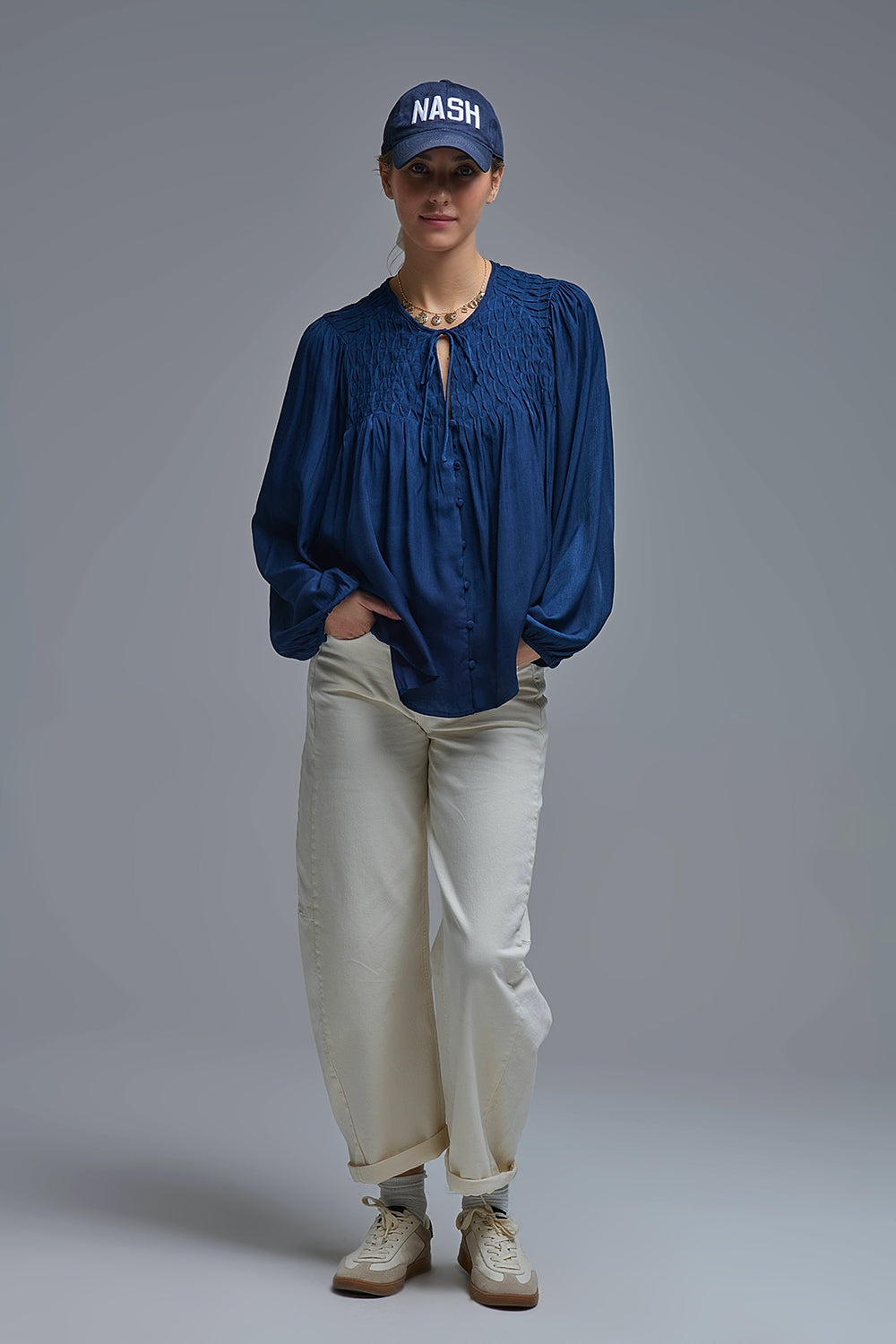 Chic Blue Satin Shirt with Lace - Tops