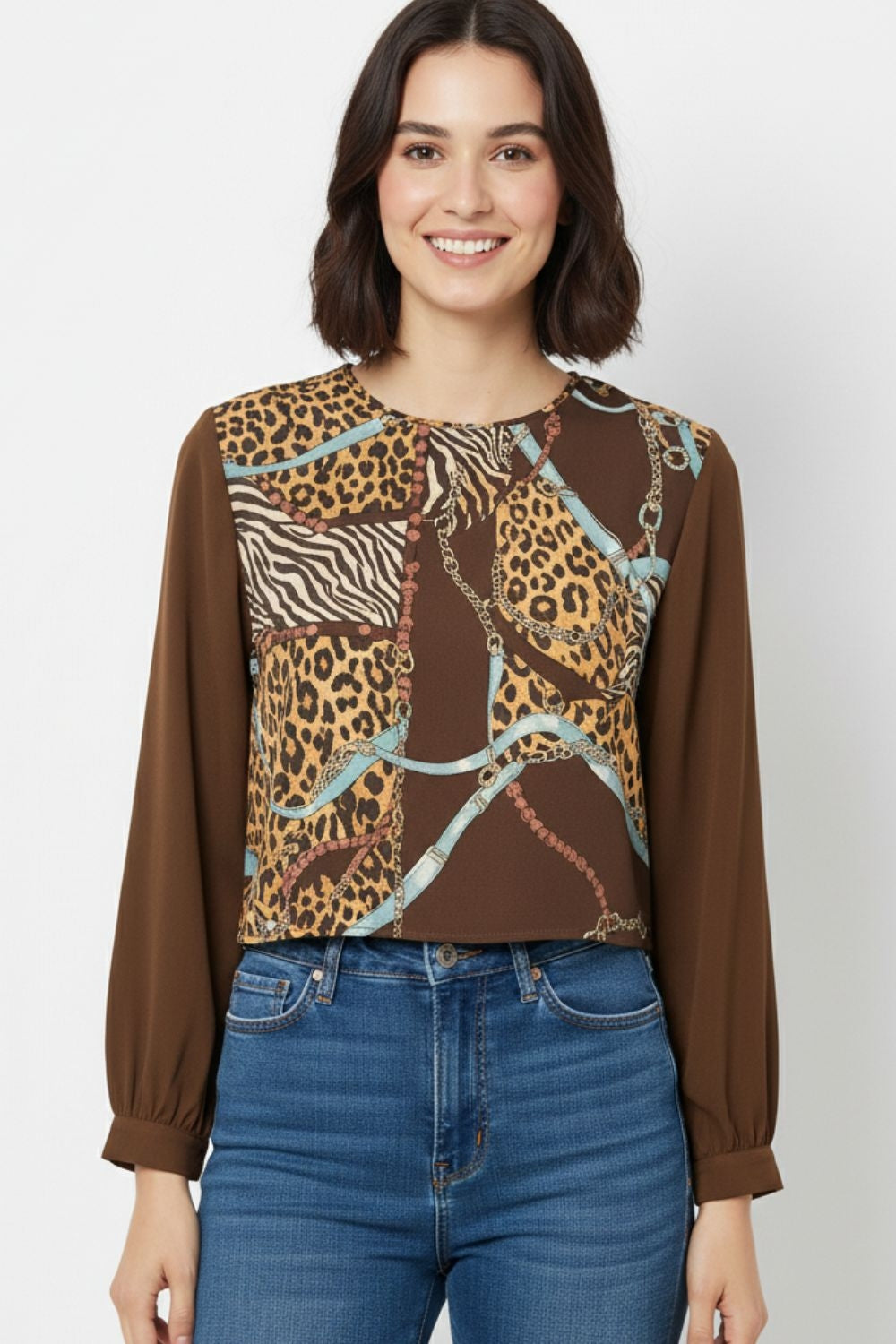 Chic brown Cropped Top with Abstract Print - Tops