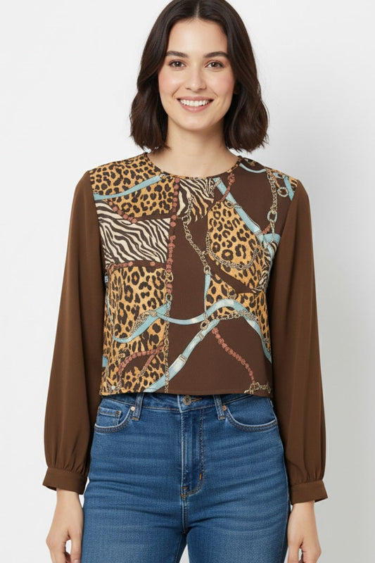 Chic brown Cropped Top with Abstract Print - Tops