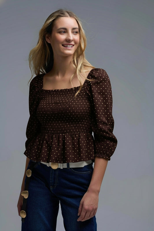 Chic Brown Polka-Dot Cropped Top fitted at the waist - Tops
