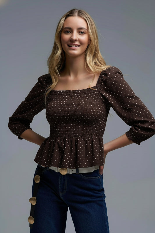 Chic Brown Polka-Dot Cropped Top fitted at the waist - Tops