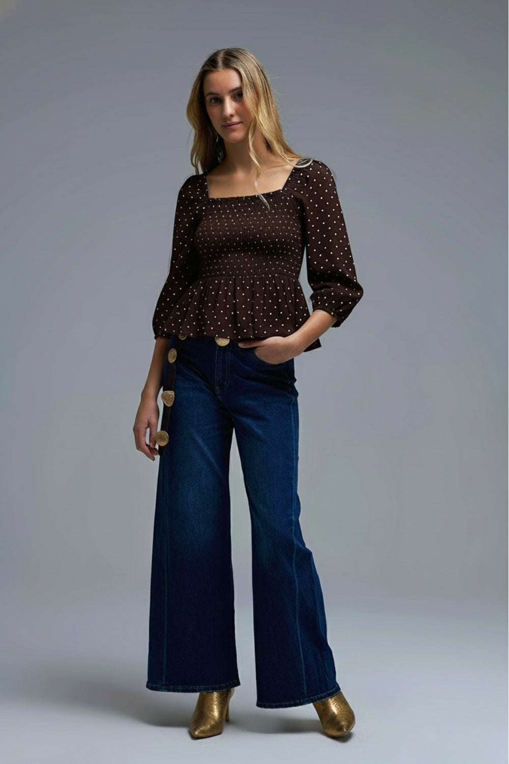 Chic Brown Polka-Dot Cropped Top fitted at the waist - Tops