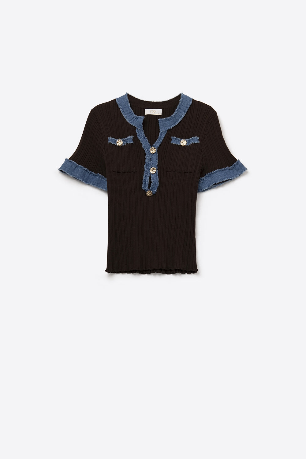 Chic Brown Ribbed Top with Denim Details - Sweaters