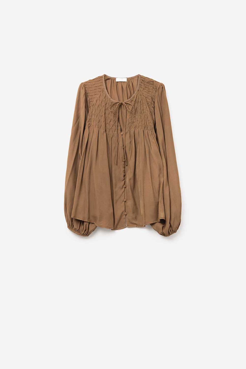 Chic Brown Satin Shirt with Lace - Tops