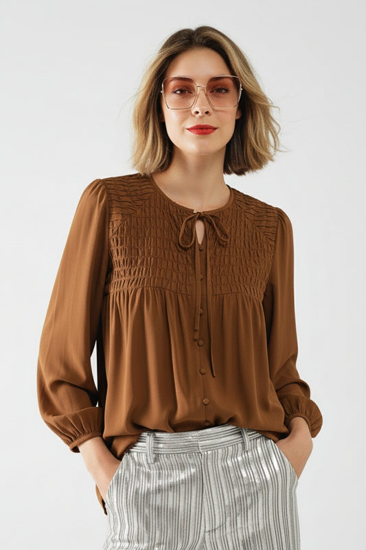 Chic Brown Satin Shirt with Lace - Tops