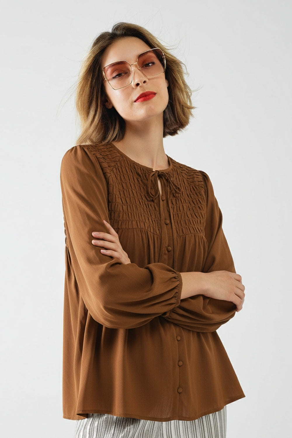Chic Brown Satin Shirt with Lace - Tops