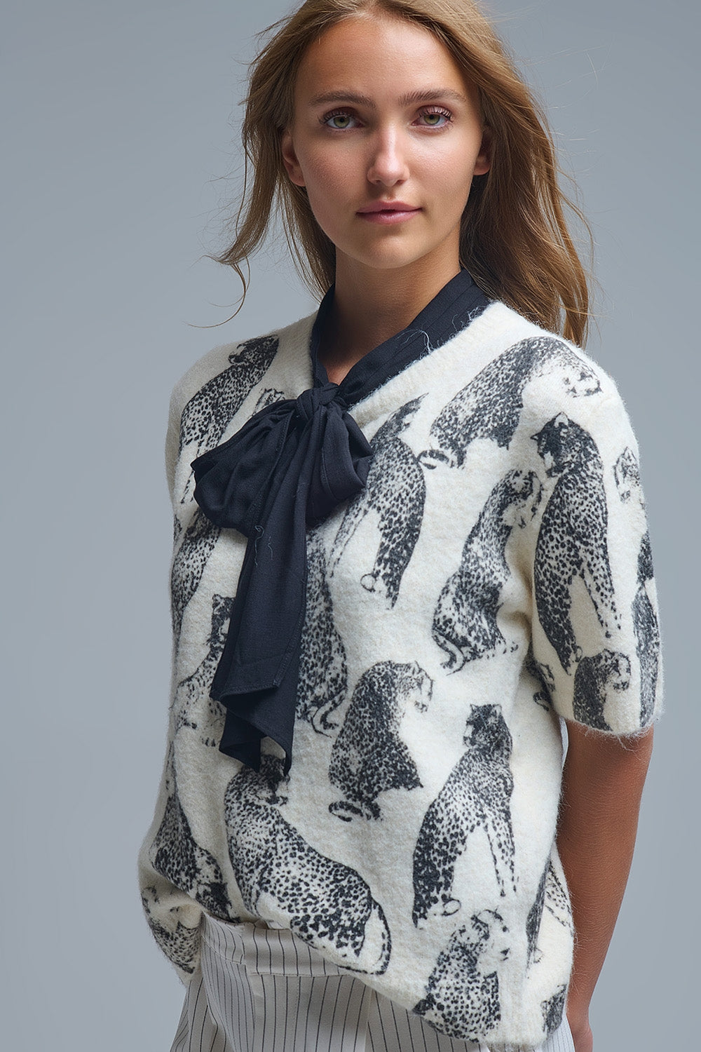 Chic Cream Animal-Print Short-Sleeve Sweater - Sweaters