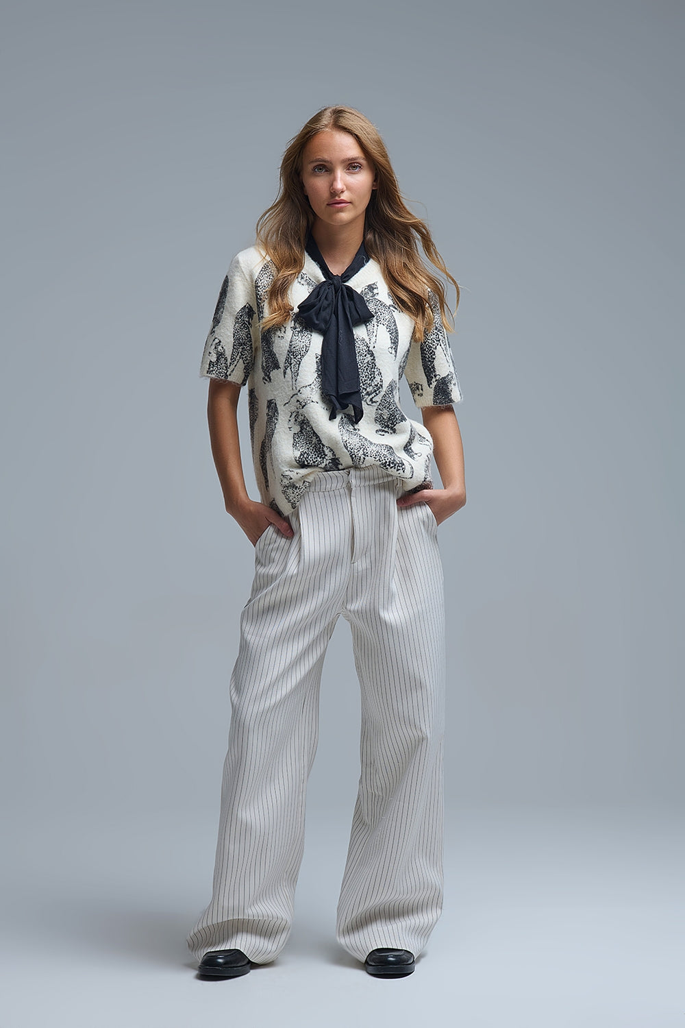 Chic Cream Animal-Print Short-Sleeve Sweater - Sweaters