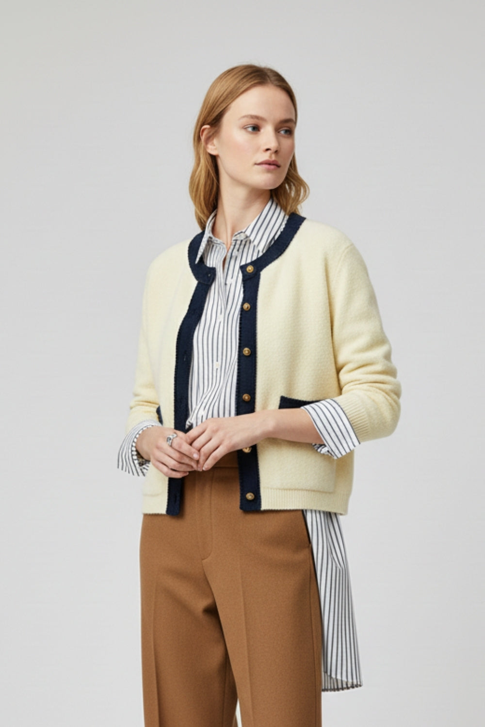 Chic Cream Cardigan with Navy denim Detailing -