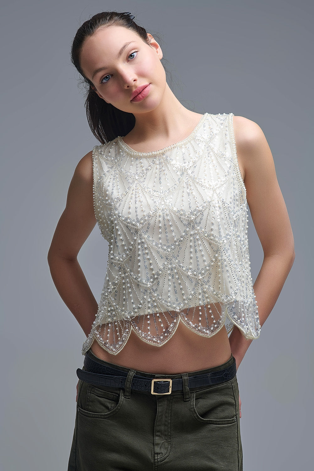 Chic Cream Sequin Cropped Top - Tops