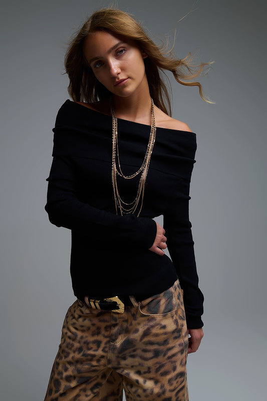 Chic Off-Shoulder boat neck Knit Top in black - Sweaters