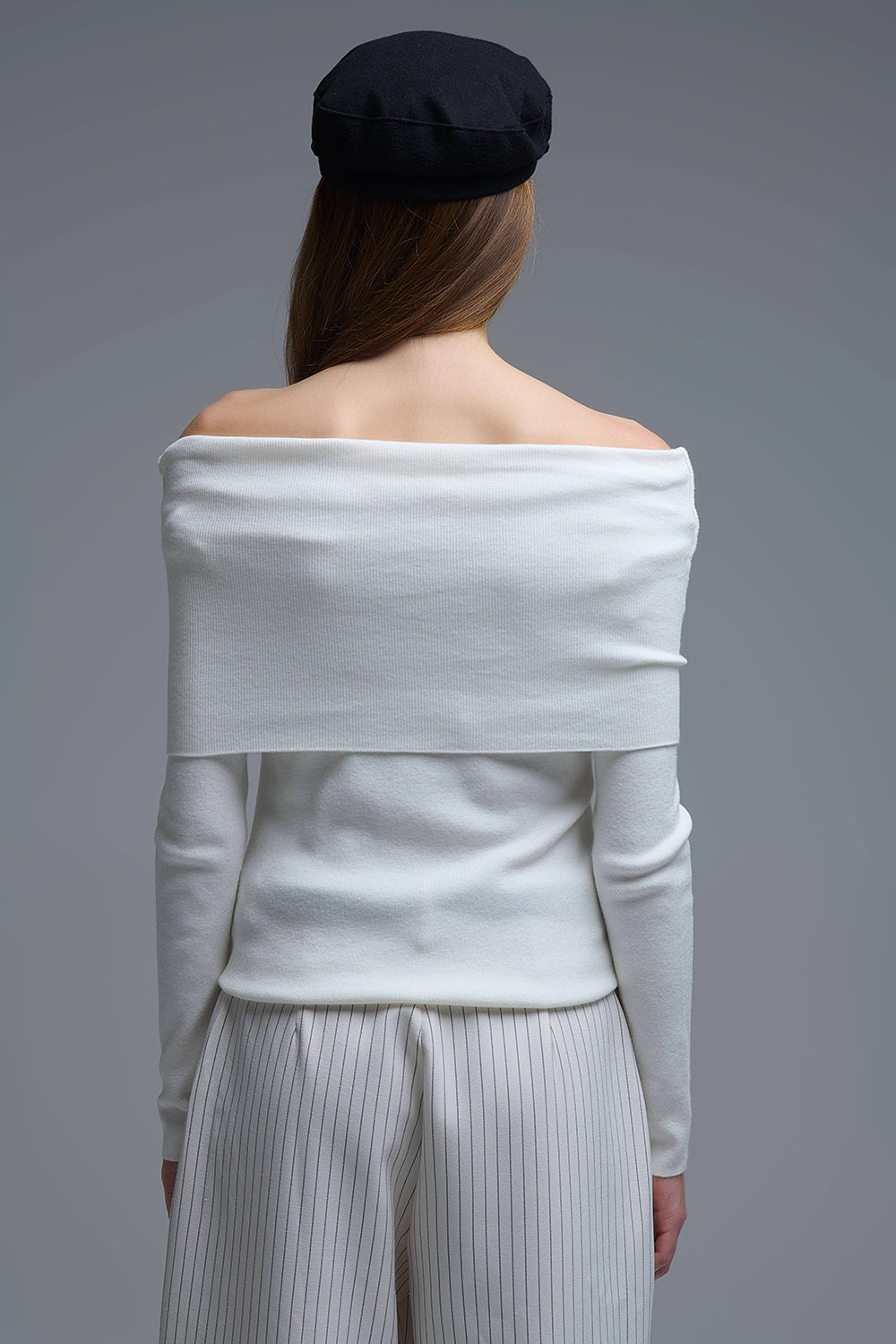 Chic Off-Shoulder boat neck Knit Top in white - Sweaters