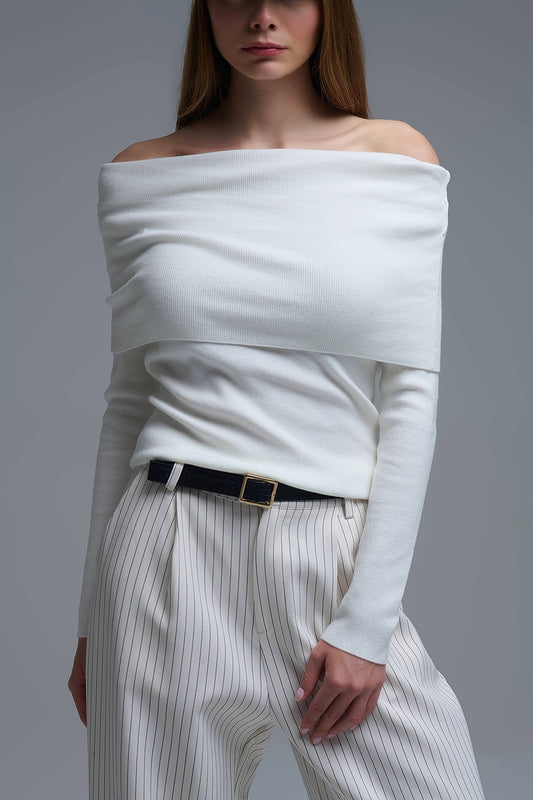 Chic Off-Shoulder boat neck Knit Top in white - Tops