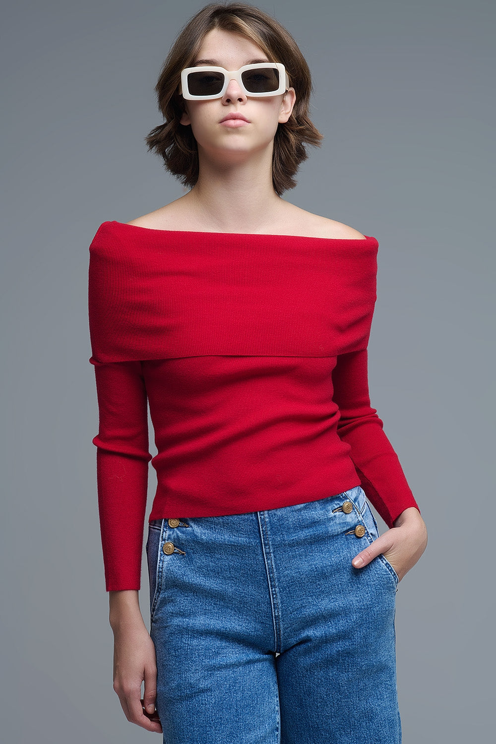Chic Off-Shoulder Red Knit Top - Sweaters