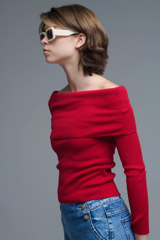 Chic Off-Shoulder Red Knit Top