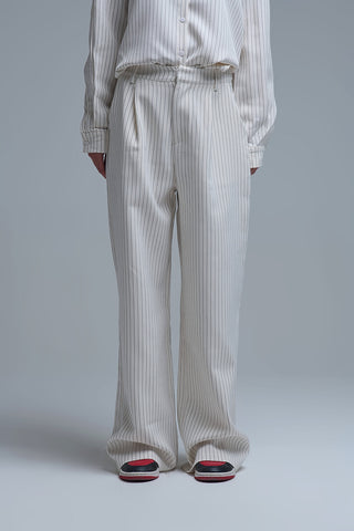Chic Pinstripe Cream Wide-Leg Pants with Lined Fit
