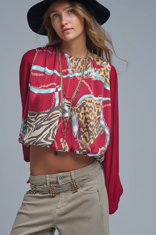Chic Red Cropped Blouse with Abstract Print - Tops