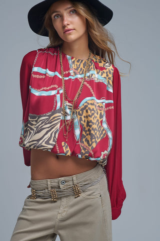 Chic Red Cropped Blouse with Abstract Print