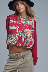 Chic Red Cropped Blouse with Abstract Print