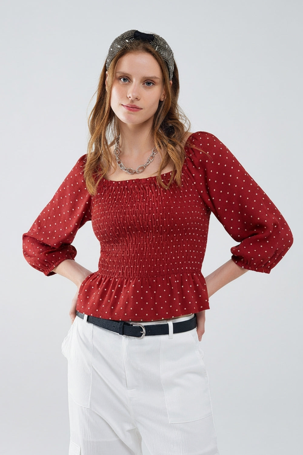 Chic Red Polka-Dot Cropped Top fitted at the waist - Tops