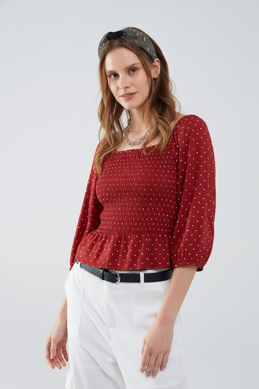 Chic Red Polka-Dot Cropped Top fitted at the waist - Tops