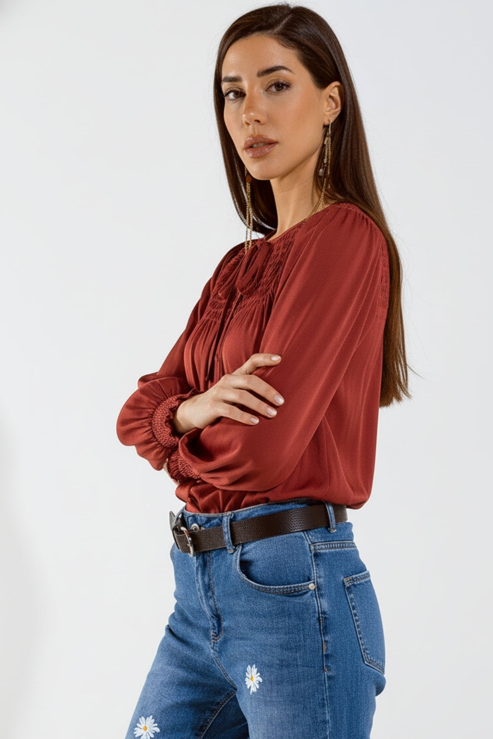 Chic Red Satin Shirt with Lace - Tops