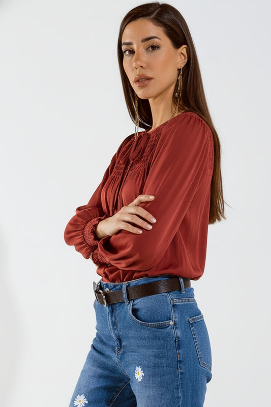 Chic Red Satin Shirt with Lace - Tops