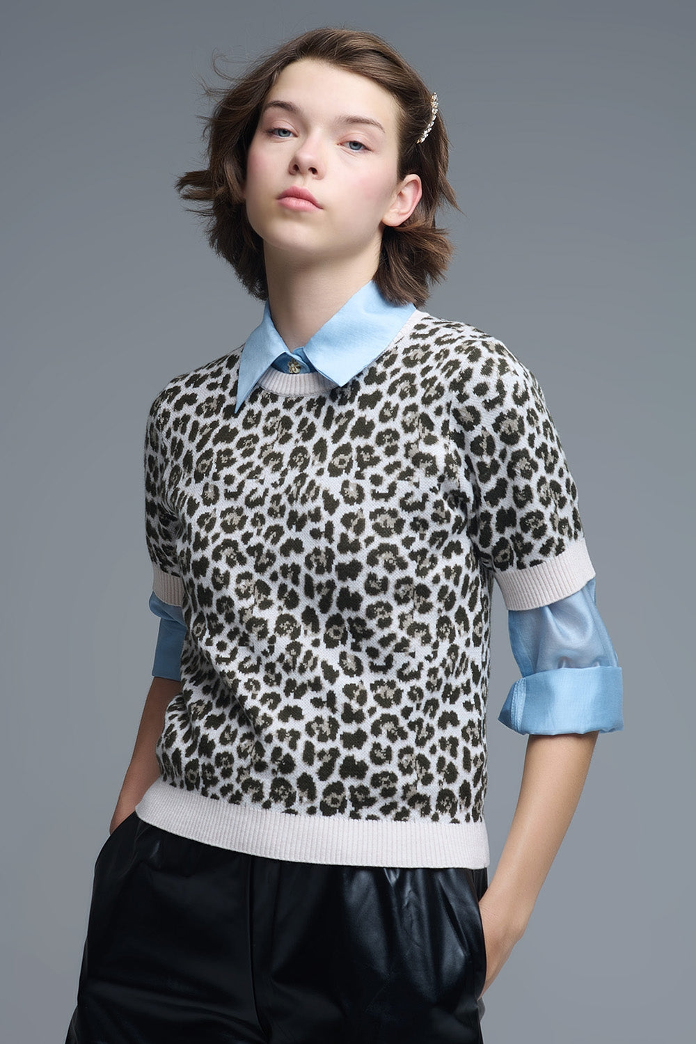 Chic Short Sleeve Leopard Print Sweater - Sweaters