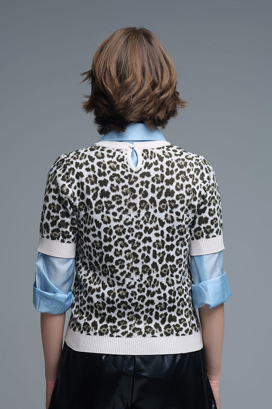 Chic Short Sleeve Leopard Print Sweater - Sweaters