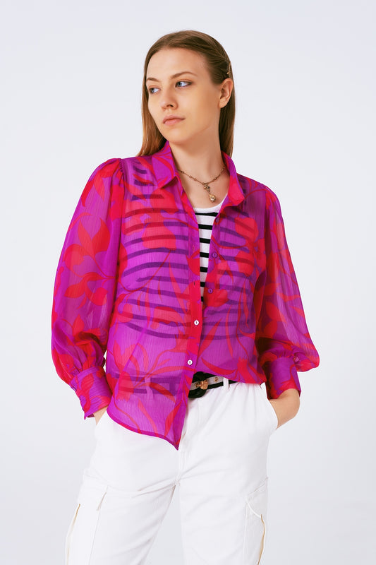 chiffon floral print blouse in fuchsia - Shirts