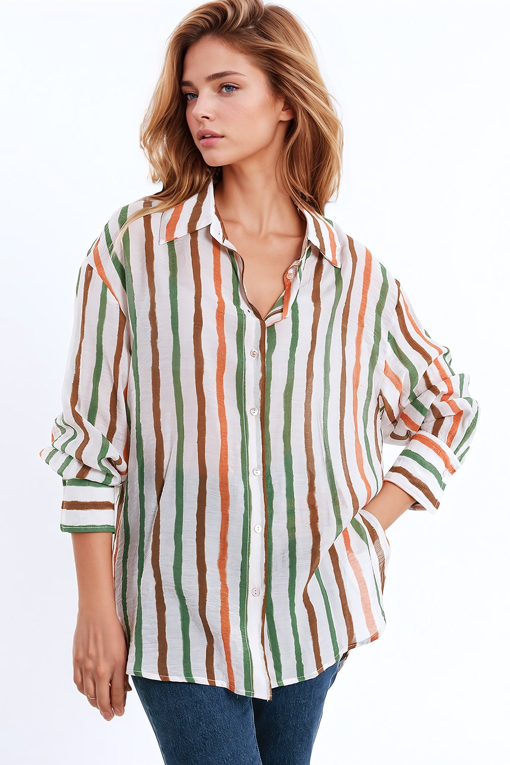 chiffon long sleeve shirt with multicolor stripes green and brown - Shirts