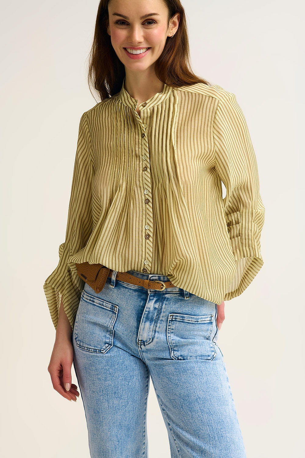Chiffon Striped Blouse Women - Trendy Button-Up Top - Shirts