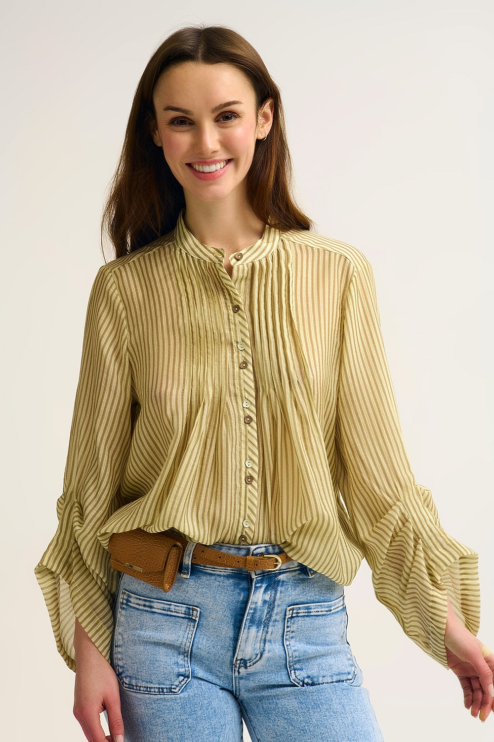 Chiffon Striped Blouse Women - Trendy Button-Up Top - Shirts