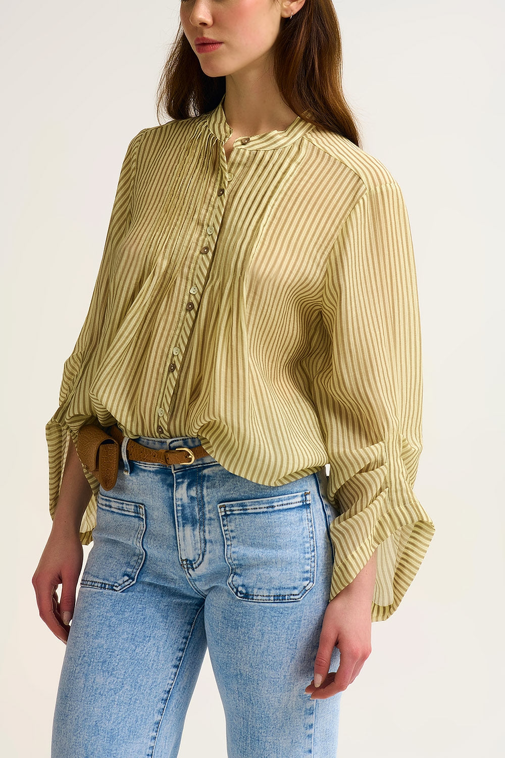 Chiffon Striped Button-Front Blouse with Relaxed Fit and Soft Texture - Shirts