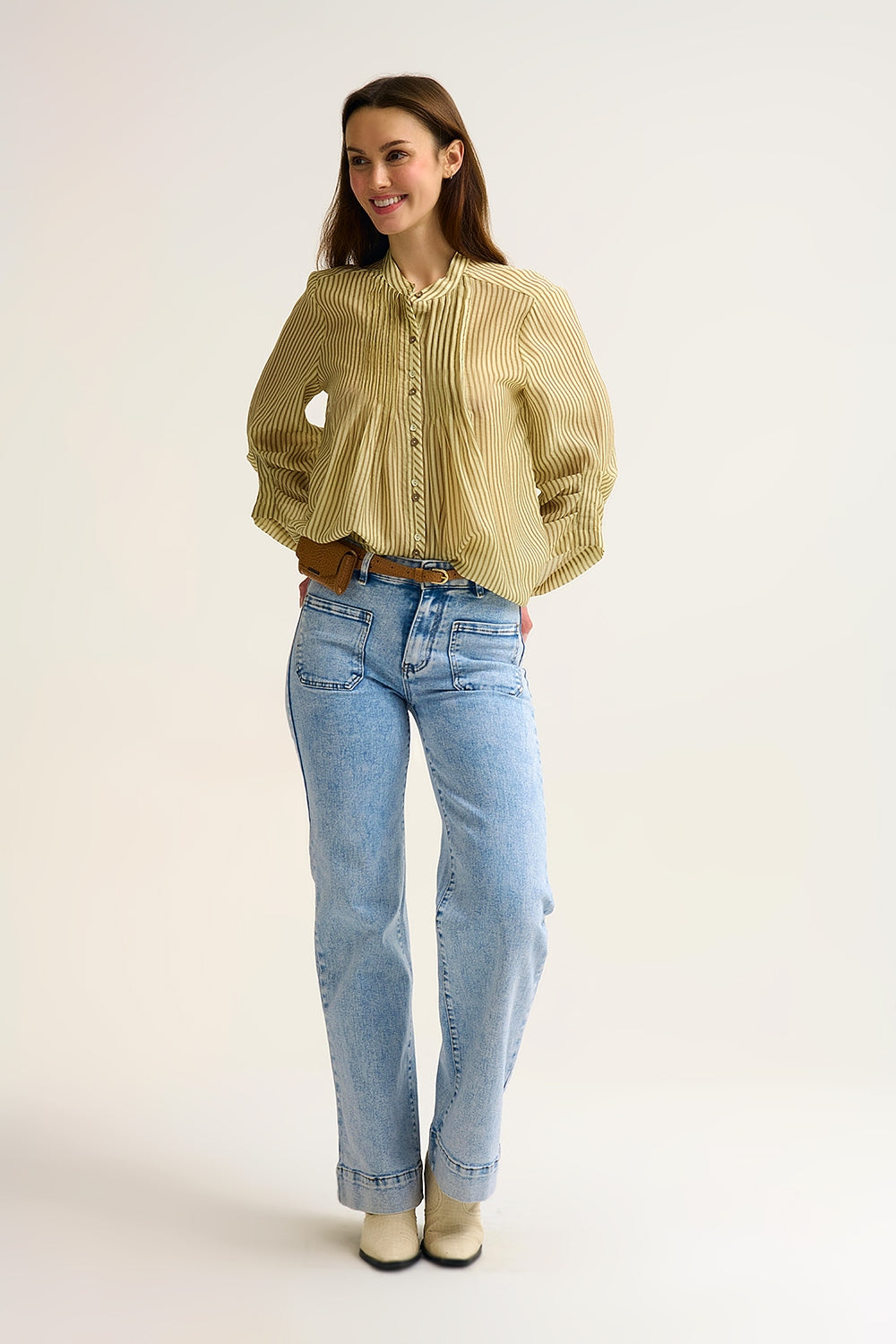 Chiffon Striped Button-Front Blouse with Relaxed Fit and Soft Texture - Shirts