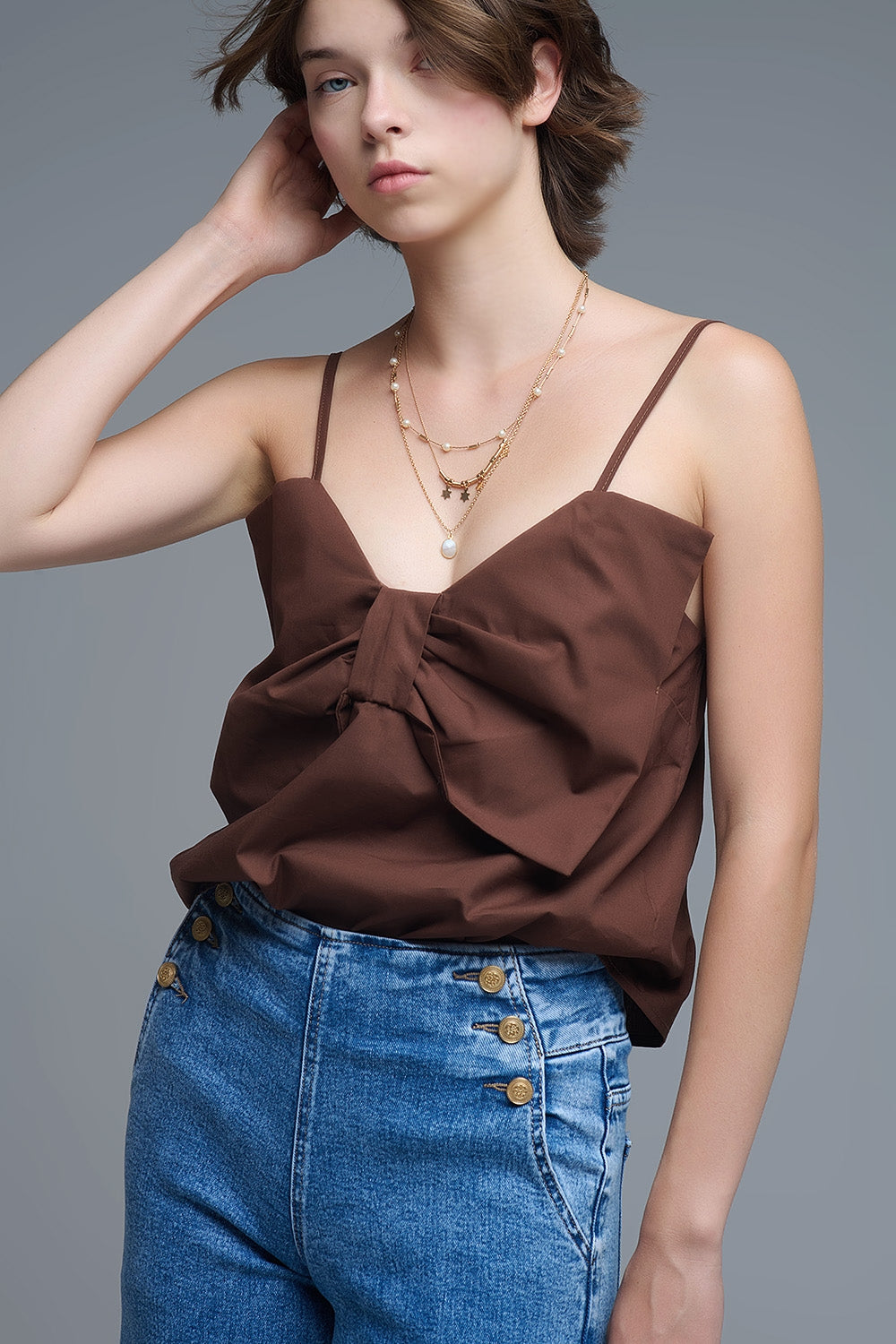 Chocolate Brown poplin crop top with bow detail - Tops