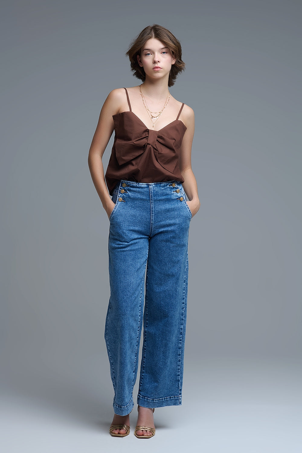 Chocolate Brown poplin crop top with bow detail - Tops