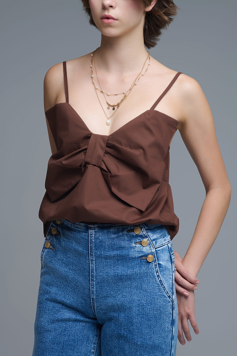 Chocolate Brown poplin crop top with bow detail - Tops