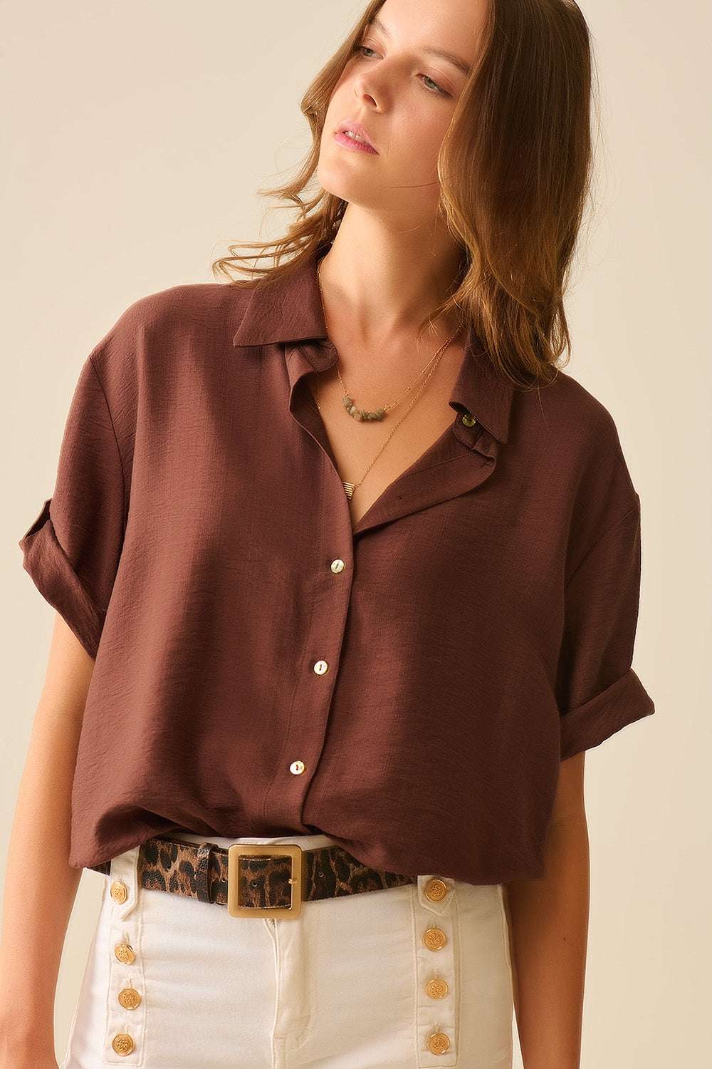 Chocolate Brown shirt with short sleeves and pleat on the sleeve - Shirts