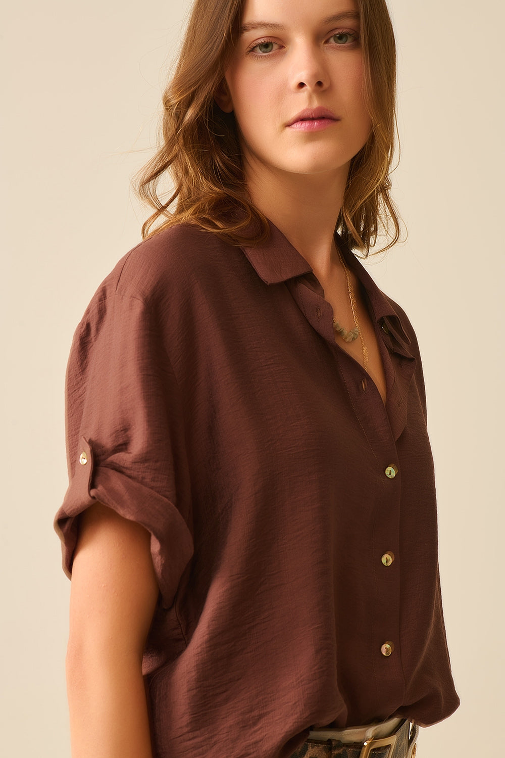 Chocolate Brown shirt with short sleeves and pleat on the sleeve - Shirts