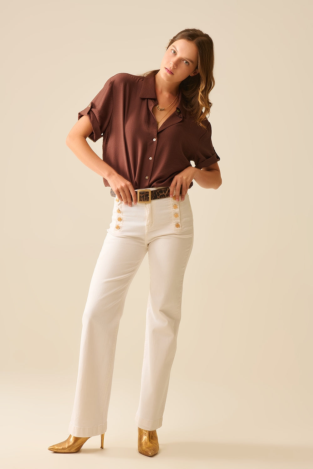 Chocolate Brown shirt with short sleeves and pleat on the sleeve - Shirts