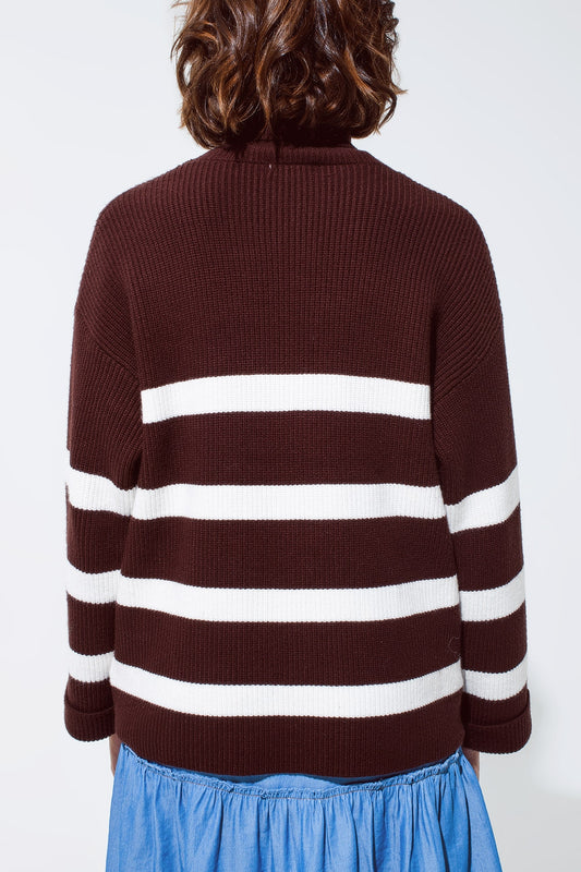 Chocolate Brown turtle neck sweater with white stripes - Jumpers
