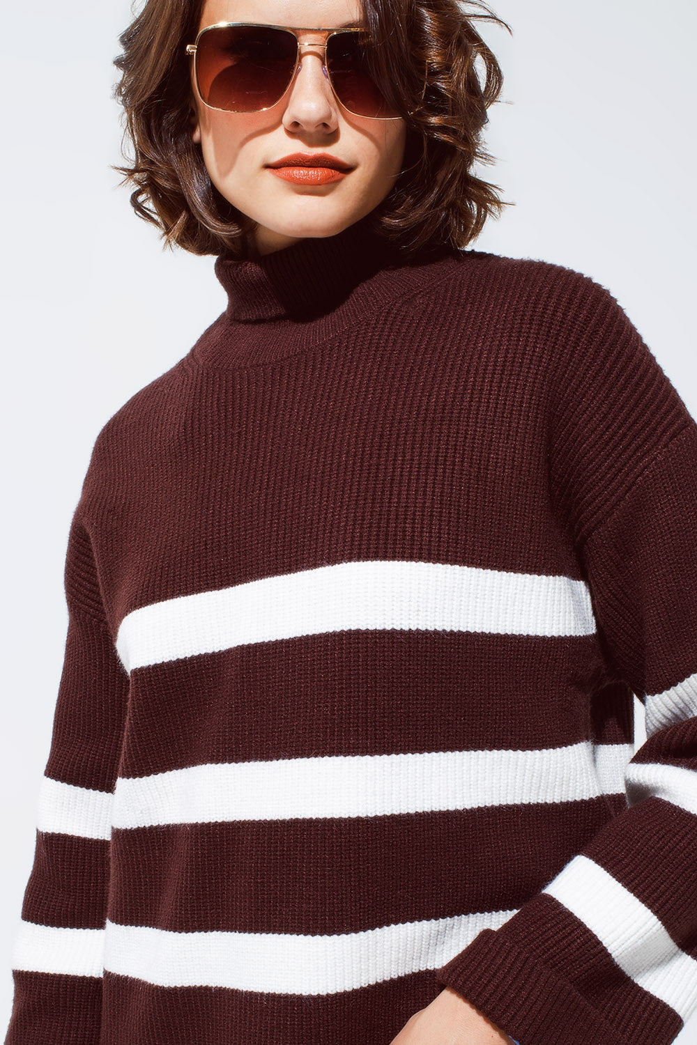 Chocolate Brown turtle neck sweater with white stripes - Jumpers