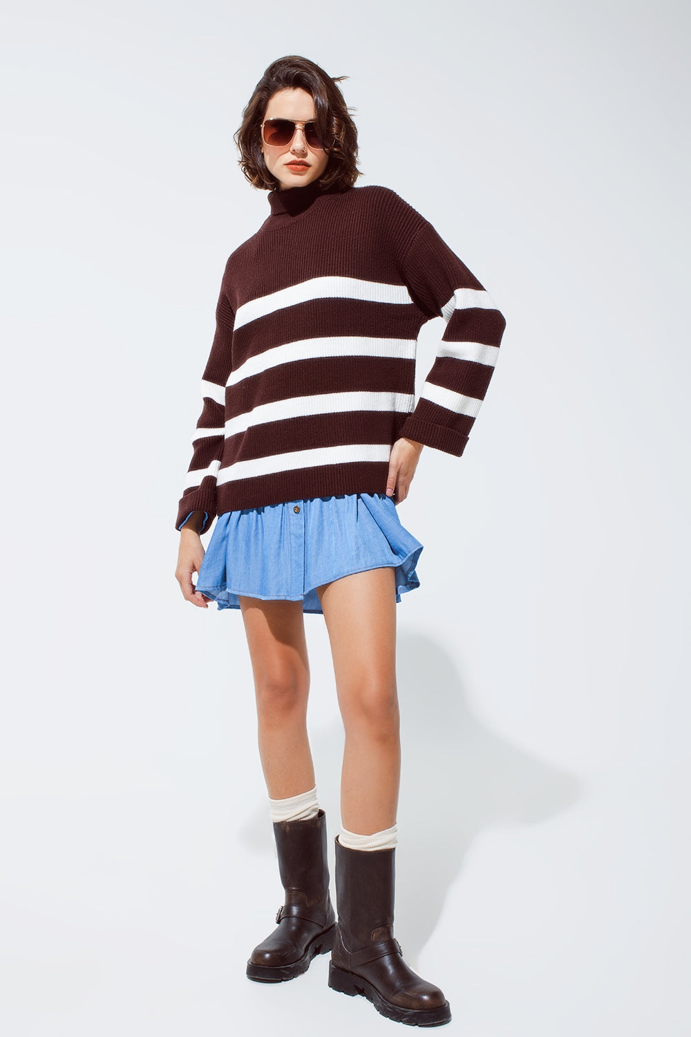 Chocolate Brown turtle neck sweater with white stripes - Jumpers