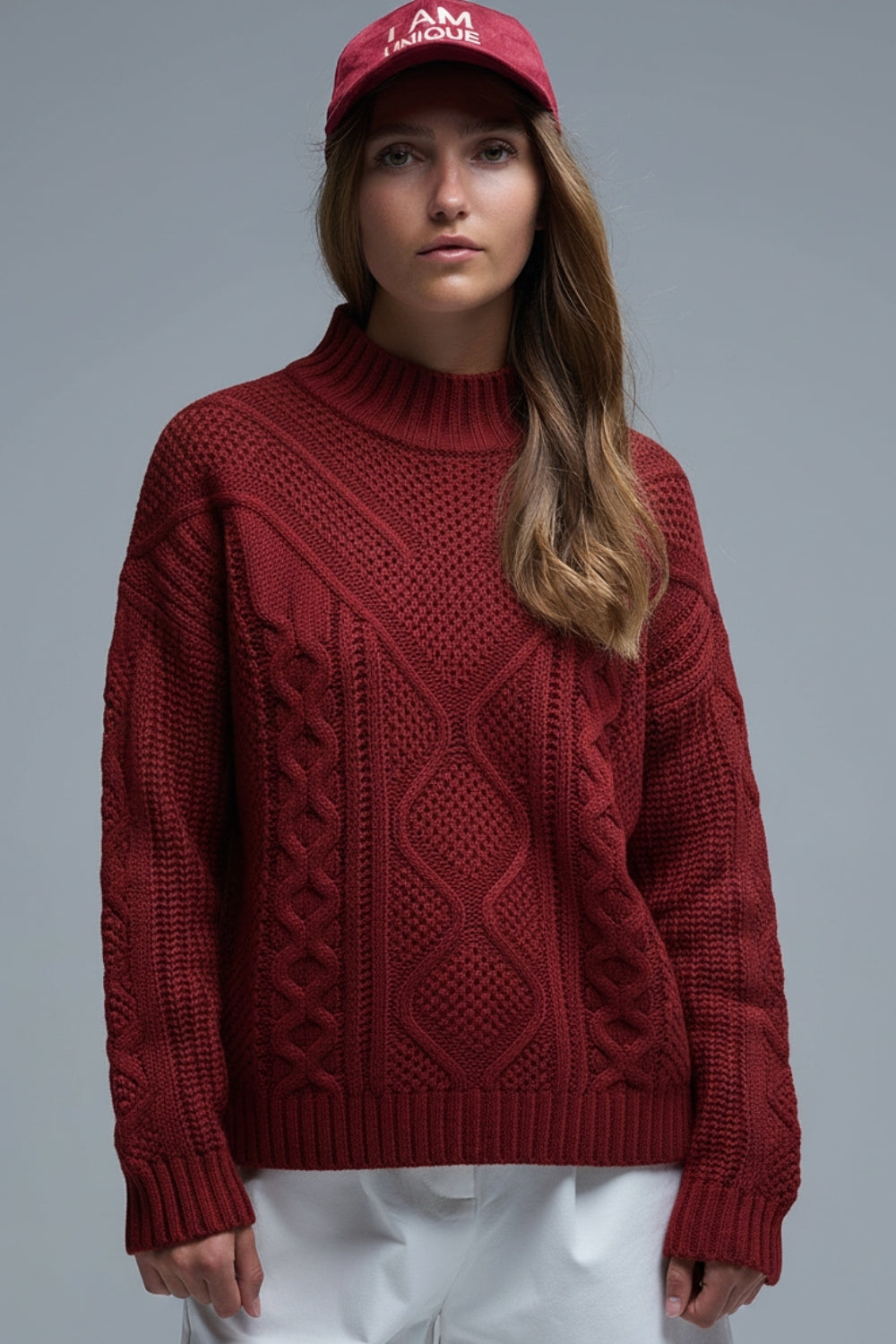 Chunky Cable Knit Maroon Pullover with Dropped Shoulder - Sweaters