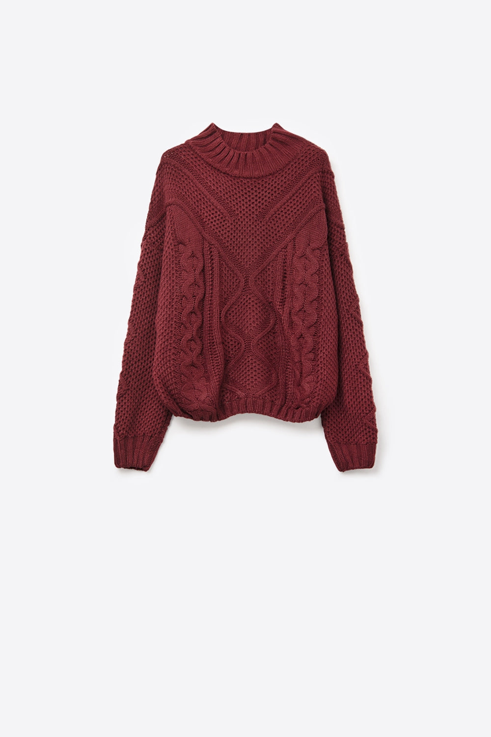 Chunky Cable Knit Maroon Pullover with Dropped Shoulder - Sweaters